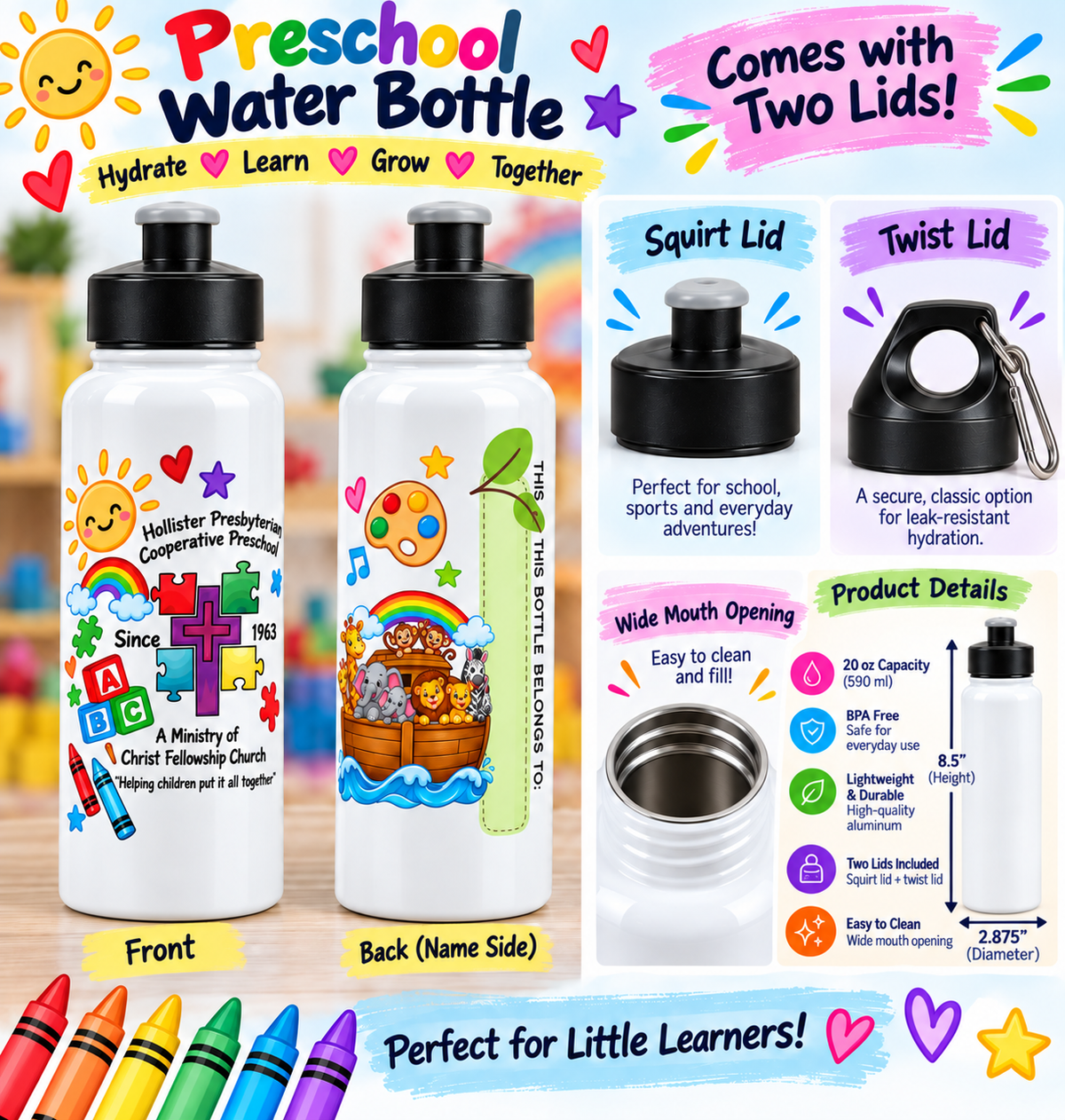Personalized Preschool Water Bottle – Two Lids